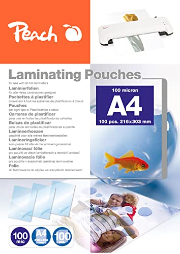 Peach Laminierfolien A4 - 100 mic - 100 pouches - glänzend - Premiumqualität für beste Laminierergebnisse - kompatibel mit Geräten aller Markenhersteller - PP500-02 von Peach