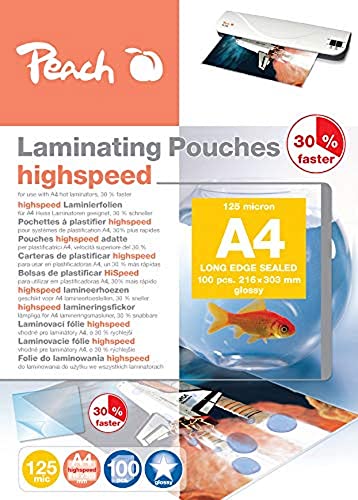 Peach Laminierfolien A4 - 125 mic - 100 pouches - glänzend HighSpeed - einsetzbar in A3 Laminiergeräten aller Markenhersteller - PP525-22 von Peach