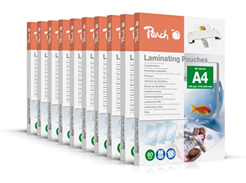 Peach Laminierfolien A4 - 80 mic - 10 x 100 pouches - glänzend - Premiumqualität für beste Laminierergebnisse - kompatibel mit Geräten aller Markenhersteller - PP580-0210A von Peach