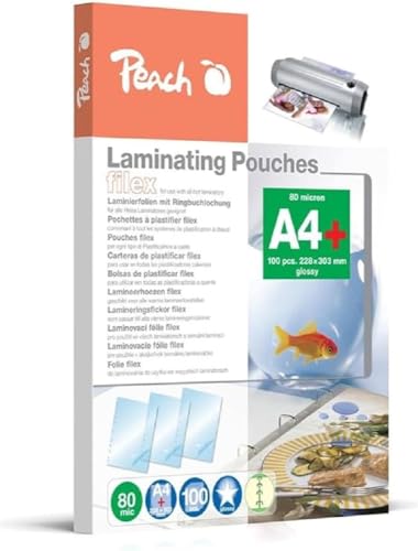 Peach Laminierfolien A4 - 80 mic - 100 pouches - abheftbar - zum praktischen Abheften im Ordner - kompatibel mit Laminiergeräten aller Markenhersteller - S-PP580-21 von Peach