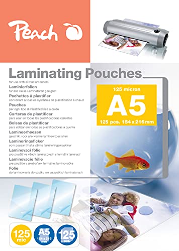 Peach Laminierfolien A5 - 125 mic - 125 pouches - glänzend - Premiumqualität für beste Laminierergebnisse - kompatibel mit Geräten aller Markenhersteller - PP525-03P von Peach