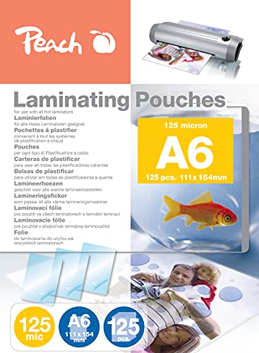 Peach Laminierfolien A6 - 125 mic - 125 pouches - glänzend - Premiumqualität für beste Laminierergebnisse - kompatibel mit Geräten aller Markenhersteller - PP525-04P von Peach