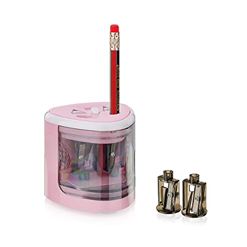 Peach PO102 elektrischer universal Anspitzer | inkl. Ersatzteile | für alle Bleistifte, Buntstifte, Eyeliner und Wachsmalstifte | Doppelspitzer für Stifte von 6-8 mm und 9-12 mm | pink, Rosa von Peach