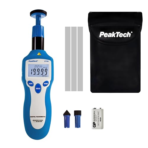 PeakTech P2795 – Digitaler Drehzahlmesser mit Laser und Kontaktmessrad– Hochwertiger Tachometer 5 stelliger LCD-Anzeige – Drehzahlmessgerät mit automatischer Bereichswahl – Mit Memory Funktion von PeakTech