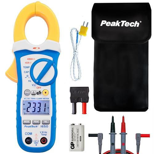 PeakTech 1650 – True RMS Stromzange 400A AC/DC, Digital Multimeter, Zangenmessgerät, TÜV/GS, Strommesszange, 4000 Counts, Berührungsloser Spannungsmesser, Strommessgerät, Durchgangsprüfer - Max. 600 V, P 1650, Blau, Gelb, Weiß von PeakTech