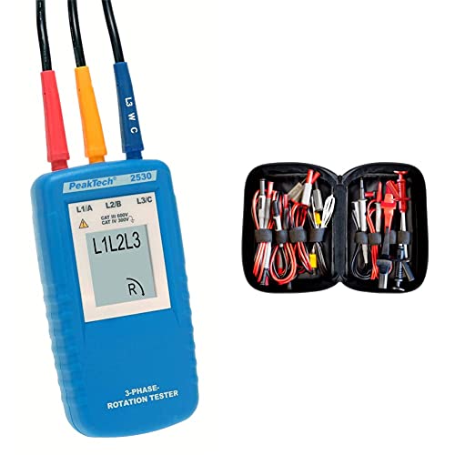 PeakTech 2530, 3-Phasen-Drehrichtungsanzeiger & Peak Tech P 8200 – Messzubehör Set für Digital Multimeter, Prüfkabel Set, Elektronik Sortiment mit Prüfkabel, Laborleitungen - 14-teilig inkl. Tasche von PeakTech