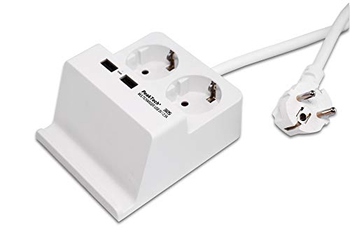 PeakTech 3125 – Tischsteckdose mit 2 x 230 V Schuko & 2 USB Ladegerät mit 2,5 A, Steckdosenleiste mit Kindersicherung, Inkl. Halterung für Smartphone & Tablet, rutschfest, 100x60x120 mm - 400g, Weiß von PeakTech