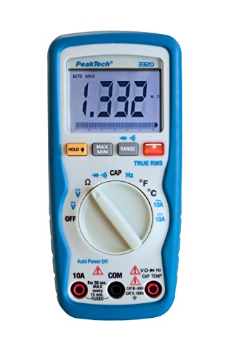 PeakTech 3320 Digitales Multimeter mit TrueRMS, 10 A AC/DC, 6.000 Zähler, tragbares Multimeter, Voltmeter, Autorange, Durchgangsprüfer, Stromversorgung, Datenspeicher, LCD-Display - CAT III 600 V von PeakTech