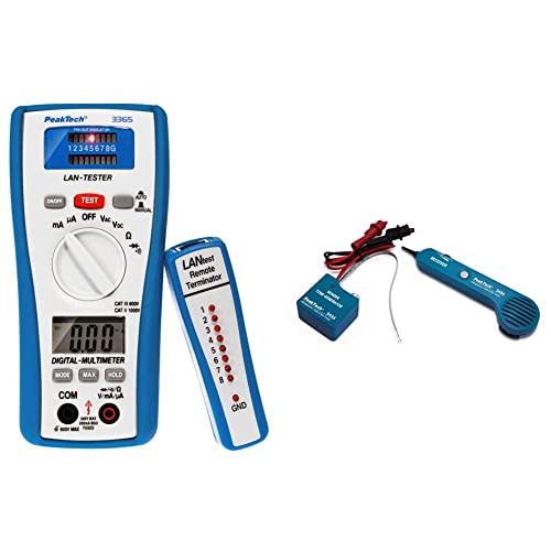 PeakTech 3365 – LAN Tester & Digital Multimeter, Netzwerkprüfgerät - 600 V P 3365 & 3434 – Leitungssucher für Leitungen und Telefonkabel mit Durchgangsprüfer und Tonsignal, Krokoklemmen von PeakTech