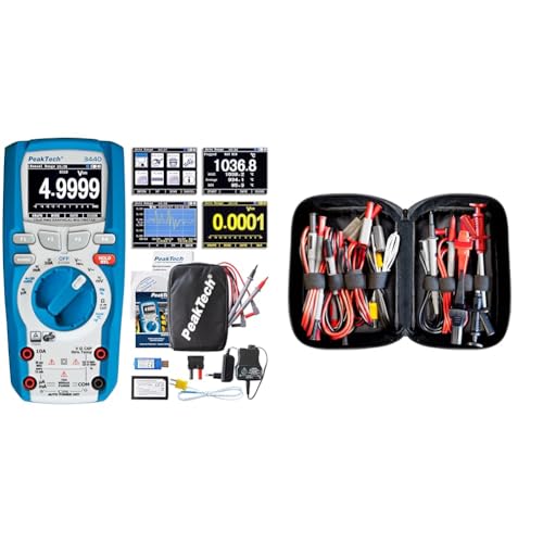 PeakTech 3440 – True RMS Digital Multimeter mit 4.0 Bluetooth & Grafik-Display CAT III 1000 V & Peak Tech P 8200 – Messzubehör Set für Digital Multimeter, Prüfkabel Set 14-teilig inkl. Tasche von PeakTech