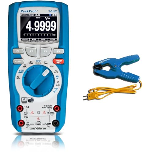 PeakTech 3440 – True RMS Digital Multimeter mit 4.0 Bluetooth & Grafik-Display & praktischer Temperaturfühler Typ K als Klemmzange/Klammer für Rohre, 1 Stück, TF-25 von PeakTech