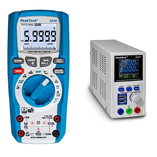 PeakTech 3441 – True RMS Digital Multimeter - CAT III 1000 V, Blau & P 6227 – DC Labor Netzteil 0-60 V / 0-6 A mit farbiger LCD Anzeige, Labor Netzgerät inkl. 2x USB Port - EN 61010-1 von PeakTech