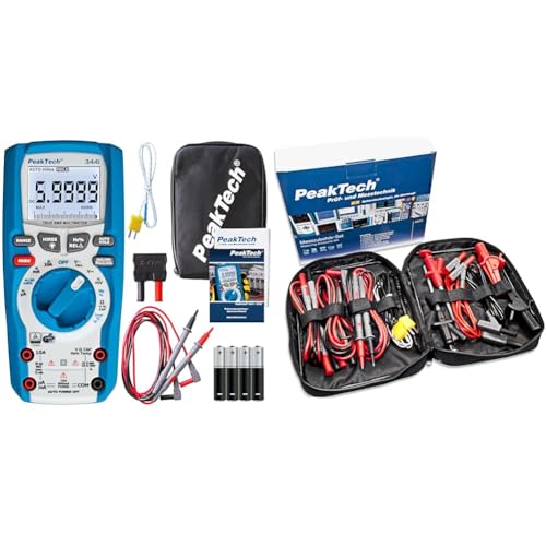 PeakTech 3441 – True RMS Digital Multimeter- CAT III 1000V, Blau & Peak Tech P 8200 – Messzubehör Set für Digital Multimeter, Prüfkabel Set, Elektronik Sortiment mit Prüfkabel - 14-teilig inkl. Tasche von PeakTech