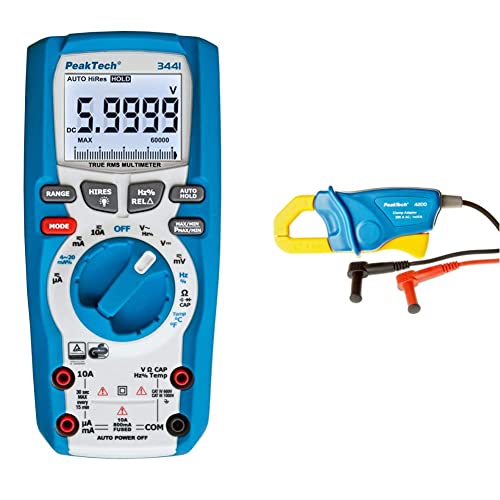 PeakTech 3441 – True RMS Digital Multimeter für Elektriker mit 60000 Counts - CAT III 1000 V, Blau & Stromzangenadapter 200 A AC für Digitalmultimeter, 1 Stück, P 4200, Blau von PeakTech