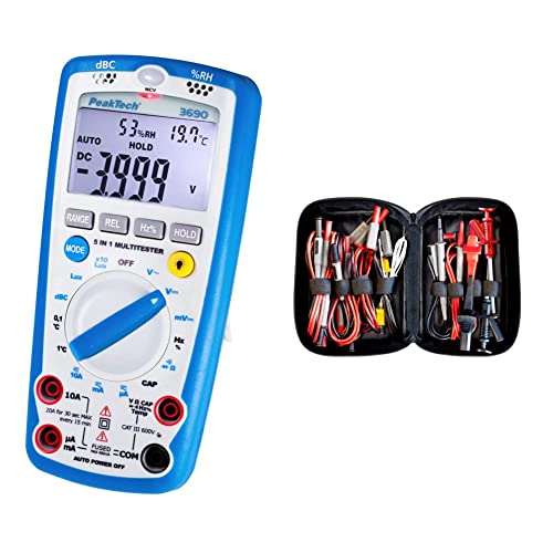 PeakTech 3690 – Digitales 5-in-1 Multimeter & Peak Tech P 8200 – Messzubehör Set für Digital Multimeter, Elektronik Sortiment mit Prüfkabel, Laborleitungen, Messleitungen, Krokodilklemmen von PeakTech