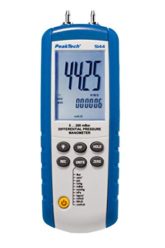 PeakTech 5144 – Digitales Manometermit Messbereich bis max. 200 mBar, Differenzdruck-Messgerät mit USB-Port, Messung für Druckdifferenzen, LCD-Anzeige mit Beleuchtung, inkl. Windows-Software von PeakTech