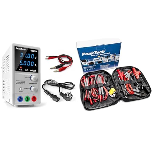 PeakTech 6225 A – Labornetzteil 0-30V / 0-5A, Regelbar, Labornetzgerät DC mit 4-stelliger LED-Anzeige & Peak Tech P 8200 – Messzubehör Set für Digital Multimeter, Prüfkabel Set 14-teilig inkl. Tasche von PeakTech