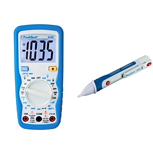 PeakTech Kompaktes Digital-Multimeter P1035, Blau, Weiß & Peak Tech P 1030 – Kontaktloser AC Spannungsprüfer mit LED Lampe, 50 – 1000 V AC Betriebsbereich - 157 x 26 mm von PeakTech