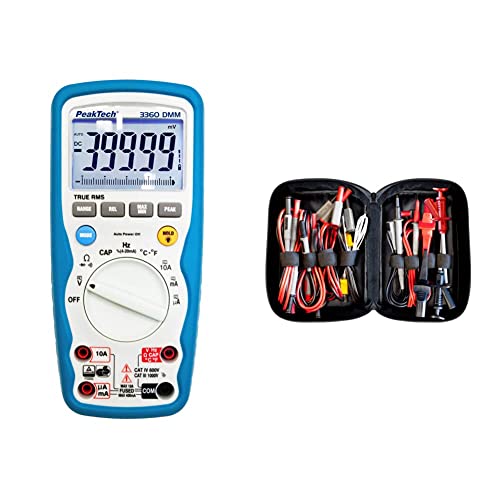 PeakTech P 3360 3360 – True RMS Digital Multimeter & Peak Tech P 8200 – Messzubehör Set für Digital Multimeter, Elektronik Sortiment mit Prüfkabel, Laborleitungen, Messleitungen, Krokodilklemmen von PeakTech