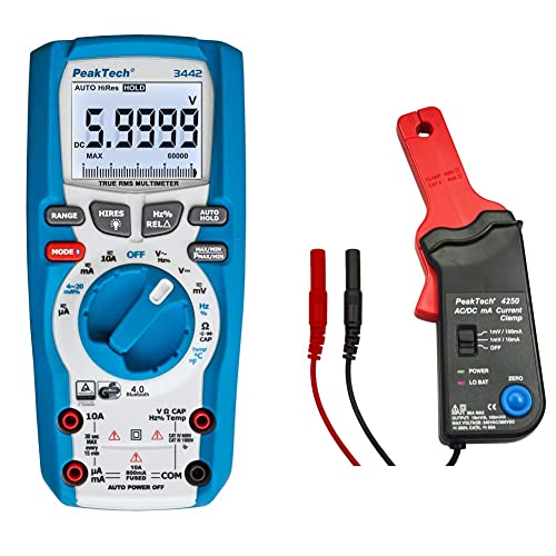 PeakTech P 3442 True RMS Digital Multimeter für Elektriker mit 60000 Counts & 4.0 Bluetooth - CAT III 1000V & P 4250 4250 - Stromzangen-Adapter für Multimeter bis zu 60 in AC/DC mit 4 mm Steckern von PeakTech