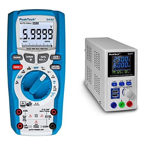 PeakTech P 3442 True RMS Digital Multimeter für Elektriker mit 60000 Counts & 4.0 Bluetooth & P 6227 – DC Labor Netzteil 0-60 V / 0-6 A mit farbiger LCD Anzeige, Labor Netzgerät inkl. 2x USB Port von PeakTech