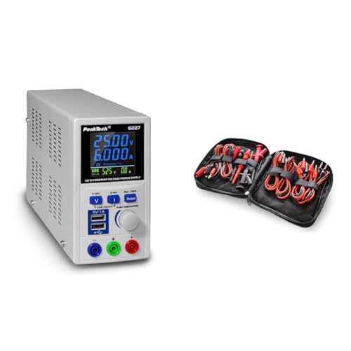 PeakTech P 6227 – DC Labor Netzteil 0-60 V / 0-6 A mit Farbiger LCD Anzeige & 8201 – Messzubehör Set für Labornetzteil und Multimeter Messspitzen, Laborleitungen mit Bananenstecker 4mm von PeakTech
