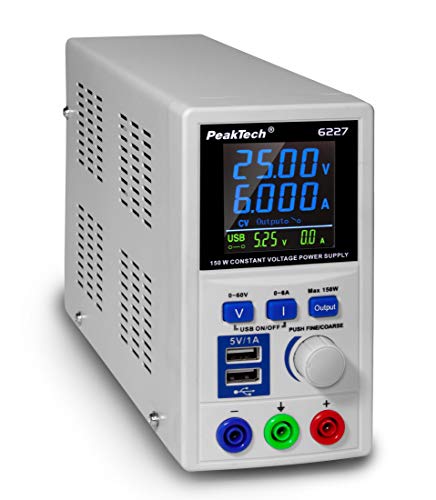 PeakTech P 6227 – DC Labor Netzteil 0-60 V / 0-6 A mit farbiger LCD Anzeige, Labor Netzgerät inkl. 2x USB Port, Einstellbare Ausgangsspannung, Betriebsspannung 115-240 V AC/ 50-60Hz - EN 61010-1 von PeakTech