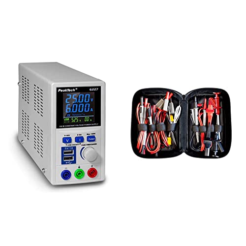 PeakTech P 6227 – DC Labor Netzteil 0-60 V / 0-6 A mit farbiger LCD Anzeige & Peak Tech P 8200 – Messzubehör Set für Digital Multimeter, Prüfkabel Set, batteriebetrieben - 14-teilig inkl. Tasche von PeakTech