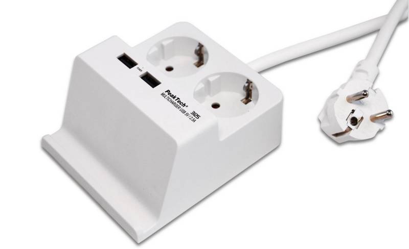 PeakTech PeakTech P 3125: 2-fach Schuko-Tischsteckdosenleiste ~ 16A USB-Ladegerät (1-tlg) von PeakTech