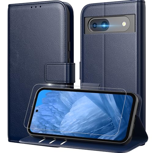 Peakally Handyhülle für Google Pixel 8A Hülle [Mit 1 Stück Panzer Schutz Glas] [Premium PU Leder] [RFID-Blockierung] [Kartenfach] [Ständer] Klapphülle kompatibel mit Pixel 8A - Blau von Peakally