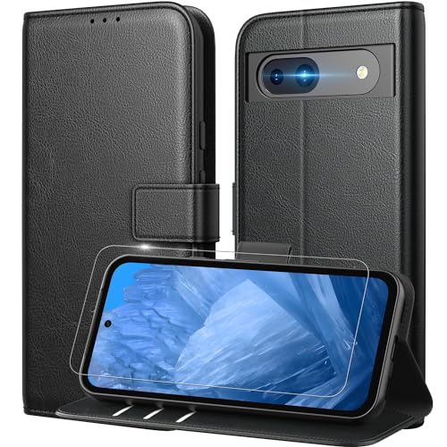 Peakally Handyhülle für Google Pixel 8A Hülle [Mit 1 Stück Panzer Schutz Glas] [Premium PU Leder] [RFID-Blockierung] [Kartenfach] [Ständer] Klapphülle kompatibel mit Pixel 8A - Schwarz von Peakally