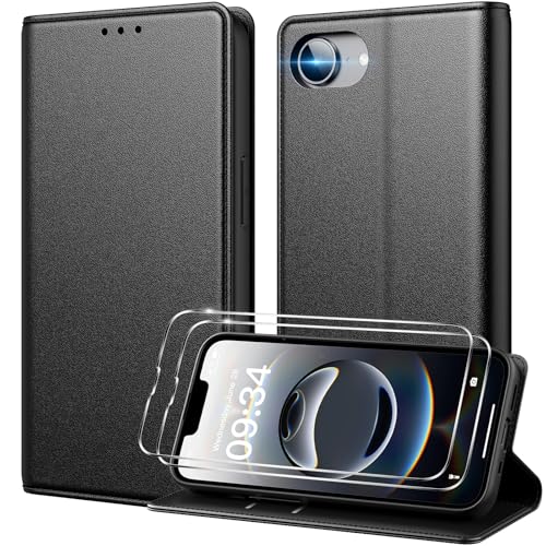 Peakally Handyhülle für iPhone 16e Hülle [Mit 2 Stück Panzer Schutz Glas] [Premium PU Leder] [RFID-Blockierung] [Kartenfach] [Ständer] Klapphülle Kompatibel mit iPhone 16e 2025 - Schwarz von Peakally