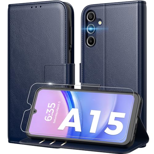 Peakally Handyhülle für Samsung Galaxy A15 4G / 5G Hülle [Mit 1 Stück Panzer Schutz Glas] [Premium PU Leder] [RFID-Blockierung] [Kartenfach] [Ständer] Klapphülle mit Galaxy A15 - Blau von Peakally