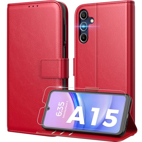 Peakally Handyhülle für Samsung Galaxy A15 4G / 5G Hülle [Mit 1 Stück Panzer Schutz Glas] [Premium PU Leder] [RFID-Blockierung] [Kartenfach] [Ständer] Klapphülle mit Galaxy A15 - Rot von Peakally