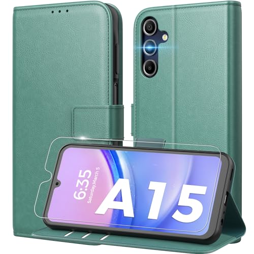 Peakally Handyhülle für Samsung Galaxy A15 5G / A15 4G [Mit 1 Stück Panzer Schutz Glas] [Premium PU Leder] [RFID-Blockierung] [Kartenfach] Klapphülle kompatibel mit A15, Grün von Peakally
