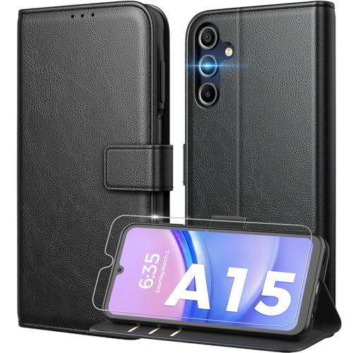 Peakally Handyhülle für Samsung Galaxy A15 5G / A15 4G Hülle [Mit 1 Stück Panzer Schutz Glas] [Premium PU Leder] [RFID-Blockierung] [Kartenfach] [Ständer] Klapphülle mit Galaxy A15 - Schwarz von Peakally