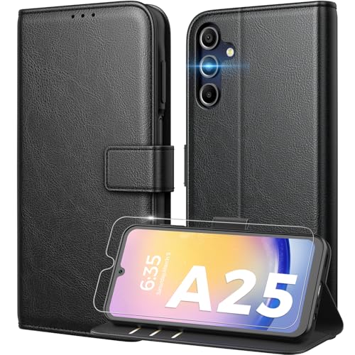 Peakally Handyhülle für Samsung Galaxy A25 5G Hülle [Mit 1 Stück Panzer Schutz Glas] [Premium PU Leder] [RFID-Blockierung] [Kartenfach] [Ständer] Klapphülle kompatibel mit Galaxy A25 - Schwarz von Peakally