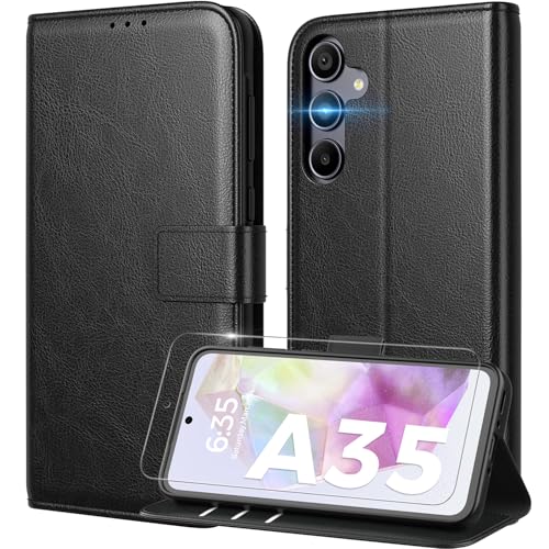 Peakally Handyhülle für Samsung Galaxy A35 5G Hülle [mit Panzer Schutz Glas], [RFID-Blockierung] Premium PU Leder Schutzhülle, Multifunktional Klapphülle mit Galaxy A35 - Schwarz von Peakally