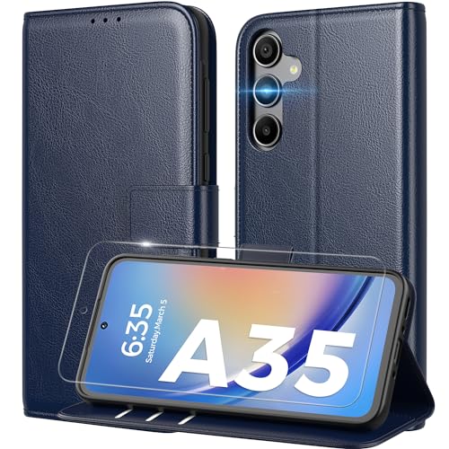 Peakally Handyhülle für Samsung Galaxy A35 Hülle [Mit 1 Stück Panzer Schutz Glas] [Premium PU Leder] [RFID-Blockierung] [Kartenfach] [Ständer] Klapphülle mit Galaxy A35 - Blau von Peakally