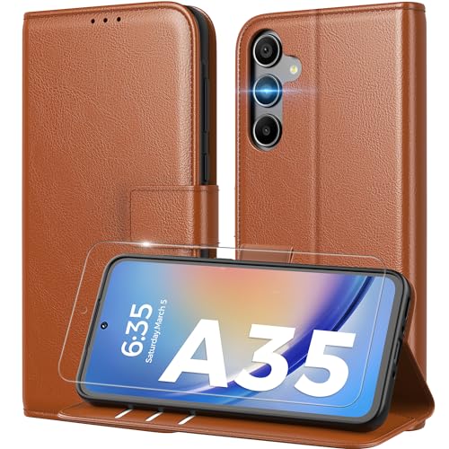 Peakally Handyhülle für Samsung Galaxy A35 Hülle [Mit 1 Stück Panzer Schutz Glas] [Premium PU Leder] [RFID-Blockierung] [Kartenfach] [Ständer] Klapphülle mit Galaxy A35 - Braun von Peakally