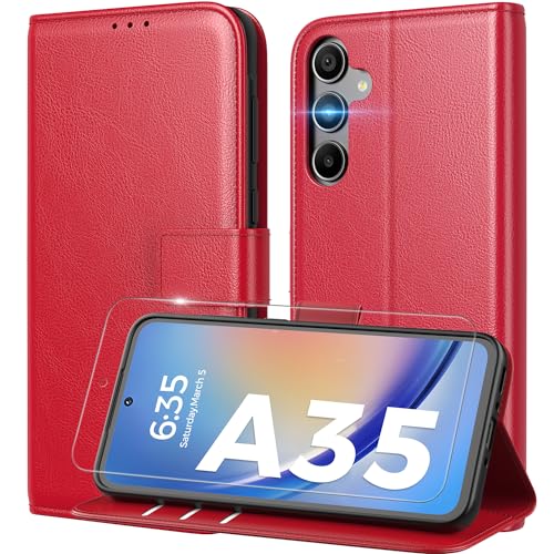 Peakally Handyhülle für Samsung Galaxy A35 Hülle [Mit 1 Stück Panzer Schutz Glas] [Premium PU Leder] [RFID-Blockierung] [Kartenfach] [Ständer] Klapphülle mit Galaxy A35 - Rot von Peakally