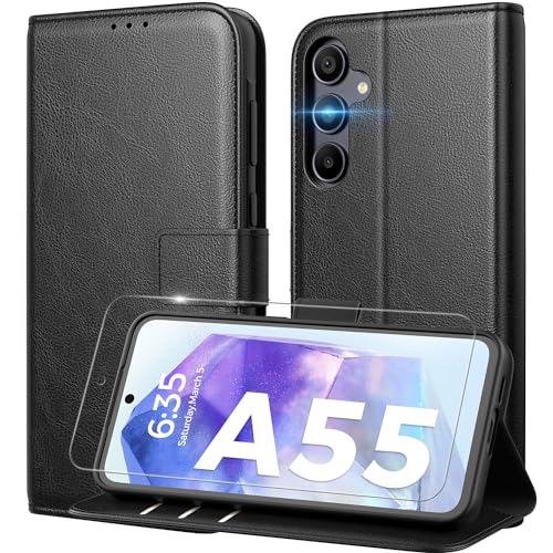 Peakally Handyhülle für Samsung Galaxy A55 5G Hülle [Mit 1 Stück Panzer Schutz Glas] [Premium PU Leder] [RFID-Blockierung] [Kartenfach] [Ständer] Klapphülle mit Galaxy A55 - Schwarz von Peakally