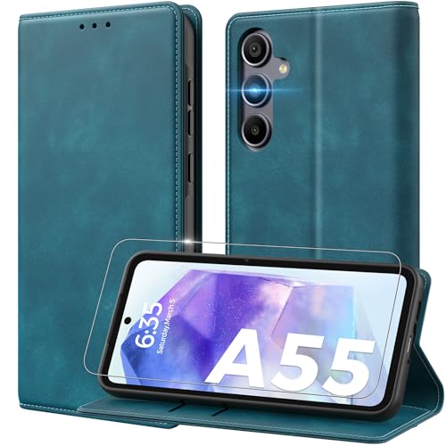 Peakally Handyhülle für Samsung Galaxy A55 5G Hülle [Mit 1 Stück Schutzfolie] [RFID-Blockierung Schutz] [Kartenfach] [Standfunktion] Premium Leder Klapphülle kompatibel mit Samsung A55 - Blaugrün von Peakally