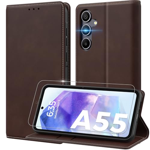 Peakally Handyhülle für Samsung Galaxy A55 5G Hülle [Mit 1 Stück Schutzfolie] [RFID-Blockierung Schutz] [Kartenfach] [Standfunktion] Premium Leder Klapphülle kompatibel mit Samsung A55 - Dunkelbraun von Peakally