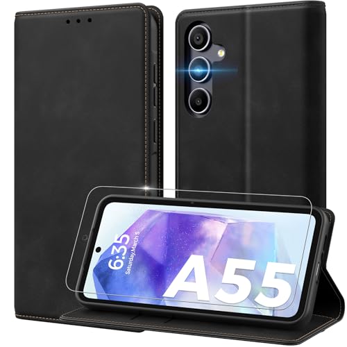 Peakally Handyhülle für Samsung Galaxy A55 5G Hülle [Mit 1 Stück Schutzfolie] [RFID-Blockierung Schutz] [Kartenfach] [Standfunktion] Premium Leder Klapphülle kompatibel mit Samsung A55 - Schwarz von Peakally