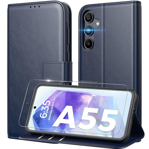 Peakally Handyhülle für Samsung Galaxy A55 Hülle [Mit 1 Stück Panzer Schutz Glas] [Premium PU Leder] [RFID-Blockierung] [Kartenfach] [Ständer] Klapphülle mit Galaxy A55 - Blau von Peakally