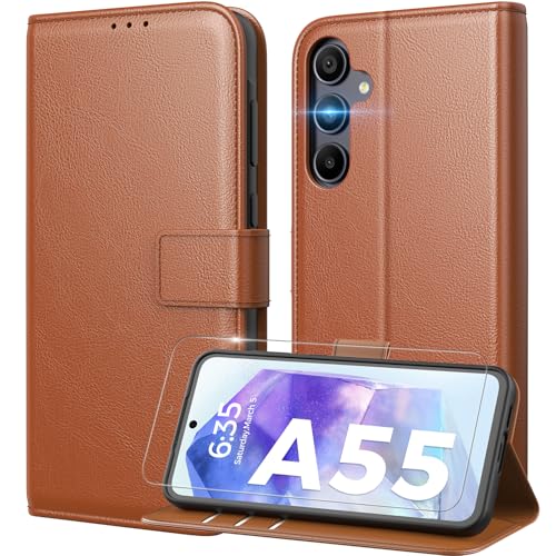 Peakally Handyhülle für Samsung Galaxy A55 Hülle [Mit 1 Stück Panzer Schutz Glas] [Premium PU Leder] [RFID-Blockierung] [Kartenfach] [Ständer] Klapphülle mit Galaxy A55 - Braun von Peakally