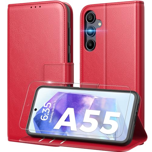 Peakally Handyhülle für Samsung Galaxy A55 Hülle [Mit 1 Stück Panzer Schutz Glas] [Premium PU Leder] [RFID-Blockierung] [Kartenfach] [Ständer] Klapphülle mit Galaxy A55 - Rot von Peakally