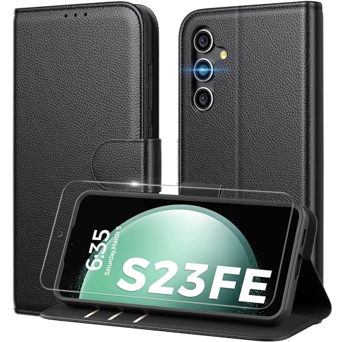 Peakally Handyhülle für Samsung Galaxy S23 FE Hülle [Mit 1 Stück Panzer Schutz Glas] [Premium PU Leder] [RFID-Blockierung] [Kartenfach] [Ständer] Klapphülle mit Galaxy S23 FE - Schwarz von Peakally