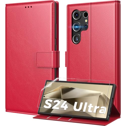 Peakally Handyhülle für Samsung Galaxy S24 Ultra [Mit S24 Ultra Schutzfolie] [Premium PU Leder] [RFID-Blockierung] [Kartenfach] TPU Stoßfest Klapphülle Kompatibel mit Samsung Galaxy S24 Ultra - Rot von Peakally